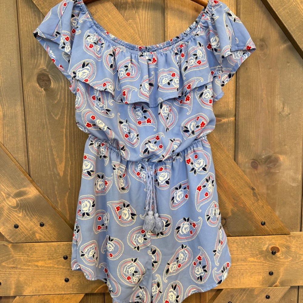 Blue Rain Romper Womens Small Blue Paisley Floral Ruffle Off Shoulder Good